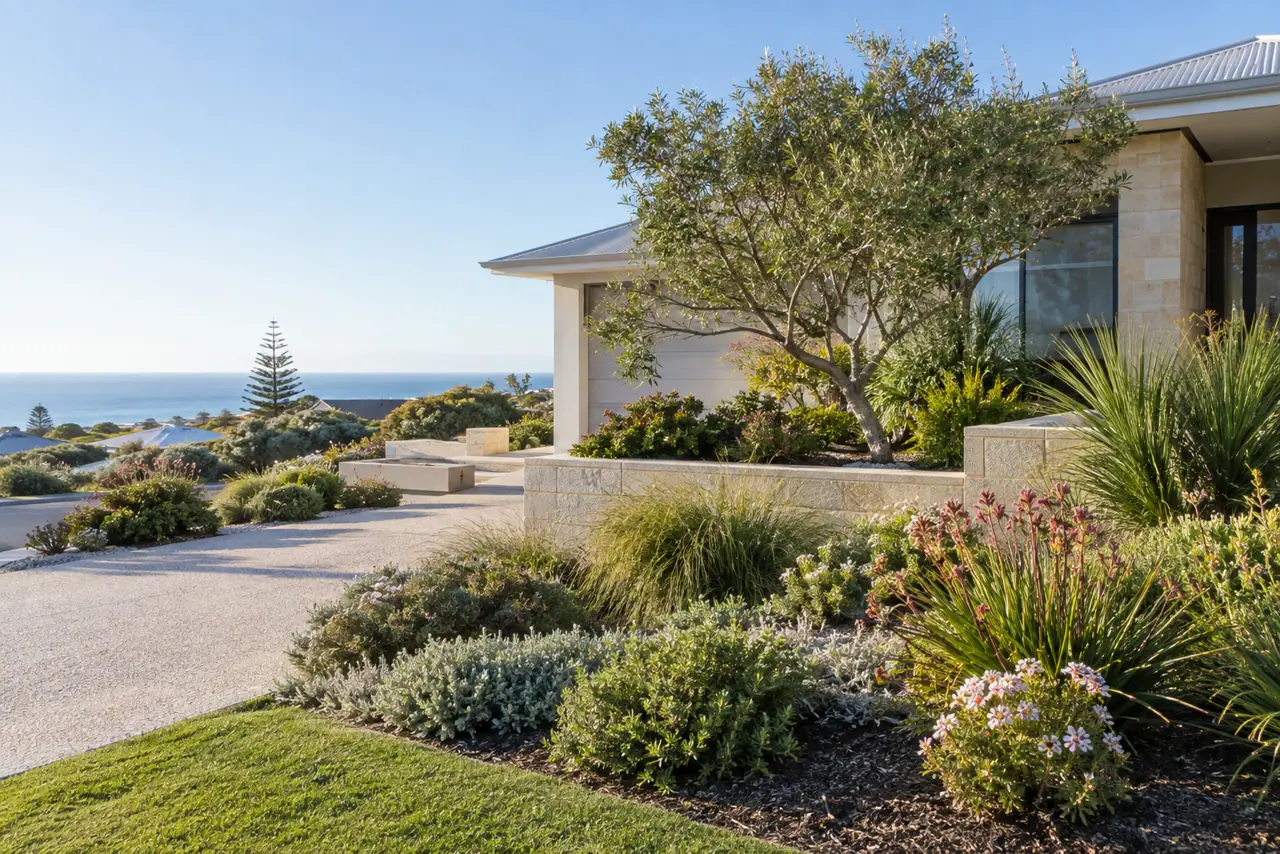 Landscaped front garden designed for coastal conditions near Mullaloo Perth